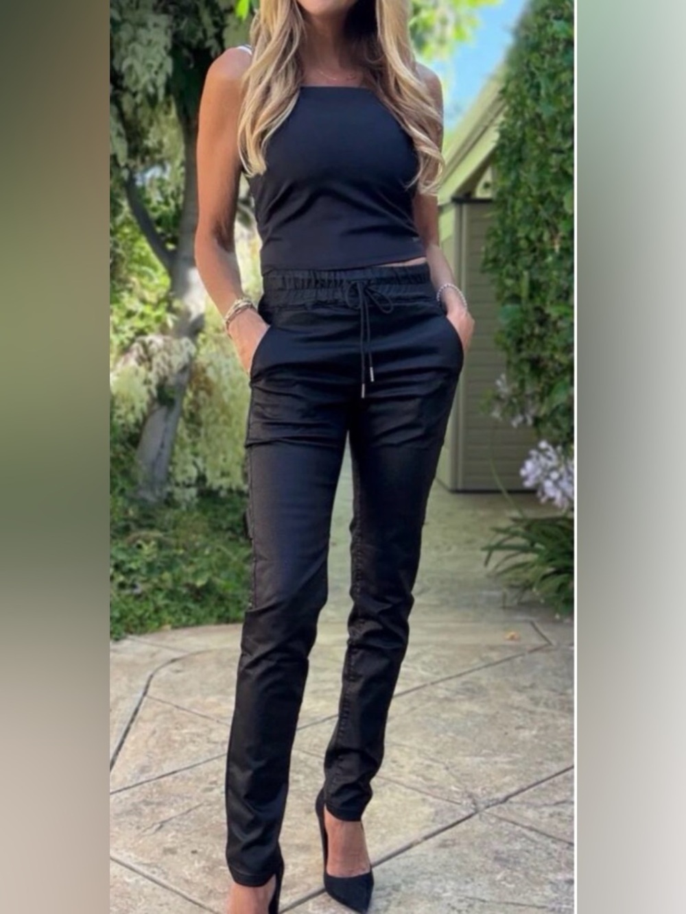 Bevy Flog Shely Pants Black Coated Matte Drawstring Stretch Size 25